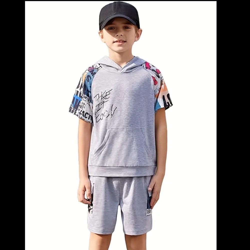 Boys Gray Graphic Short Sleeve Hoodie and Shorts Set - Picture 1 of 5